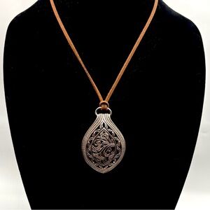 Studio Barse Openwork Pendant Southwestern Style Brown Cord Leather Necklace